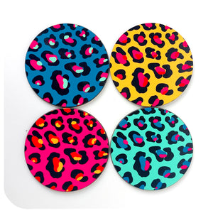 Four colourful Leopard Print Coasters on a white background | The Inkabilly Emporium