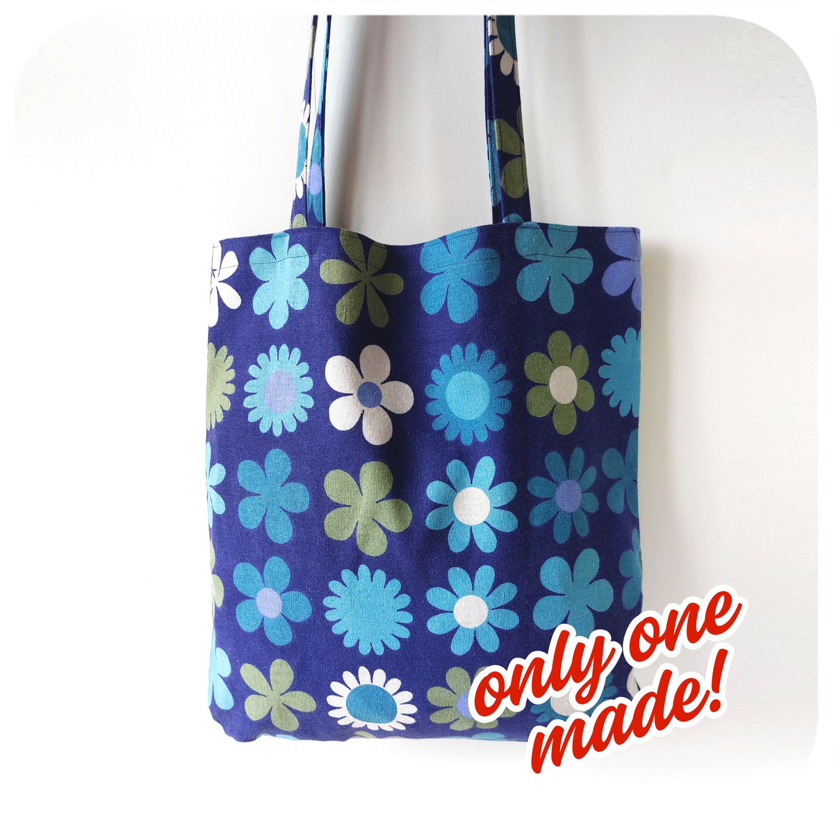 Vintage Fabric Tote Bag made from a 60s blue floral fabric. Text reads: only one made! | The Inkabilly 