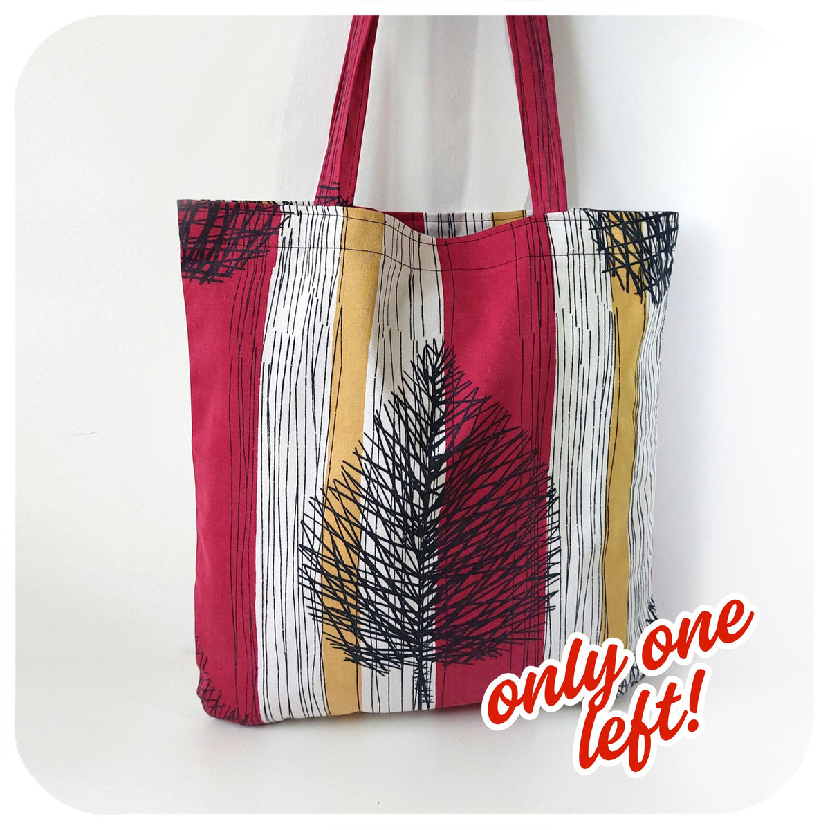 Vintage Fabric Tote Bag featuring the classic mid century leaf motif - Text reads: only one left!| The Inkabilly Emporium