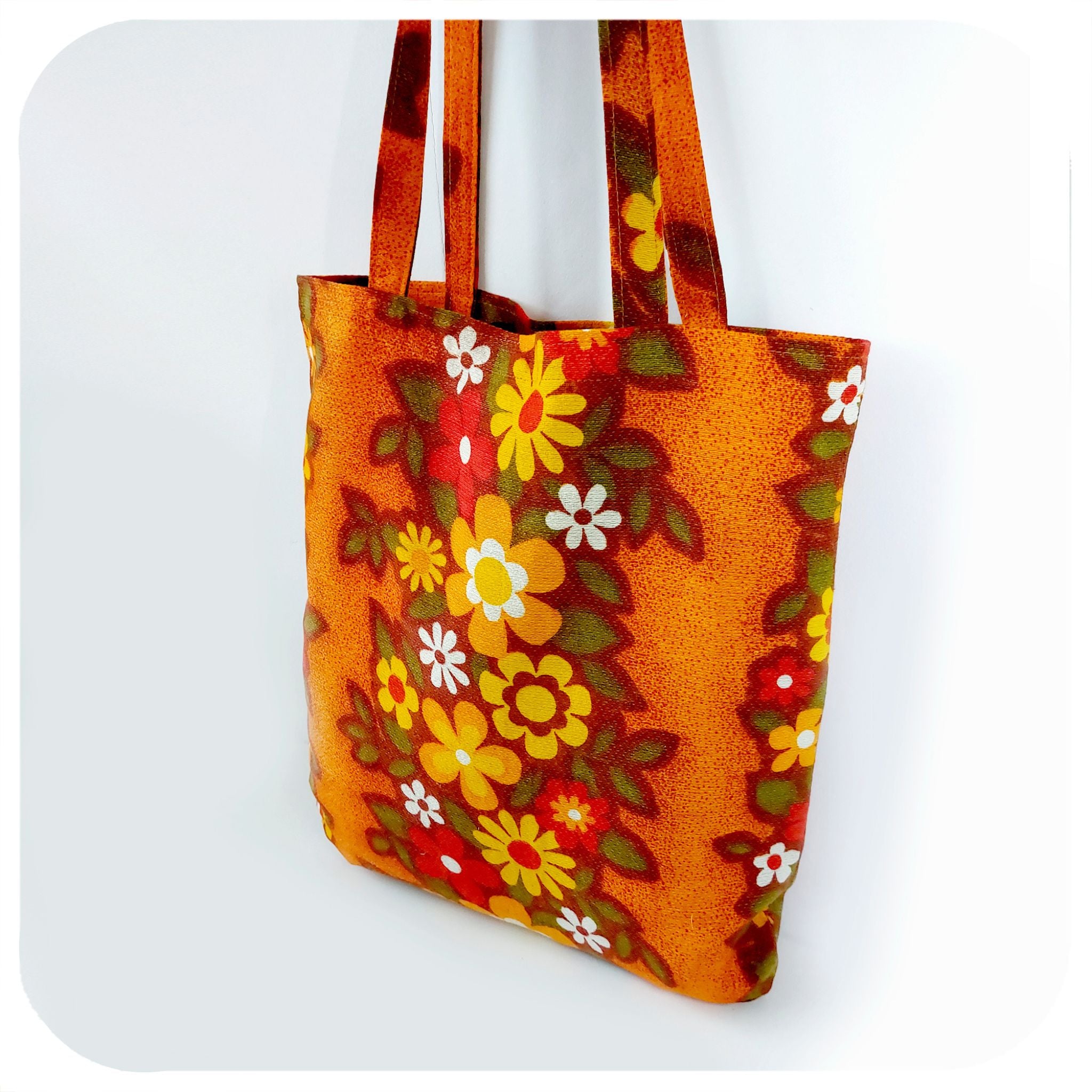 Vintage Fabric Tote Bag featuring vibrant florals in orange, yellow & red | The Inkabilly Emporium