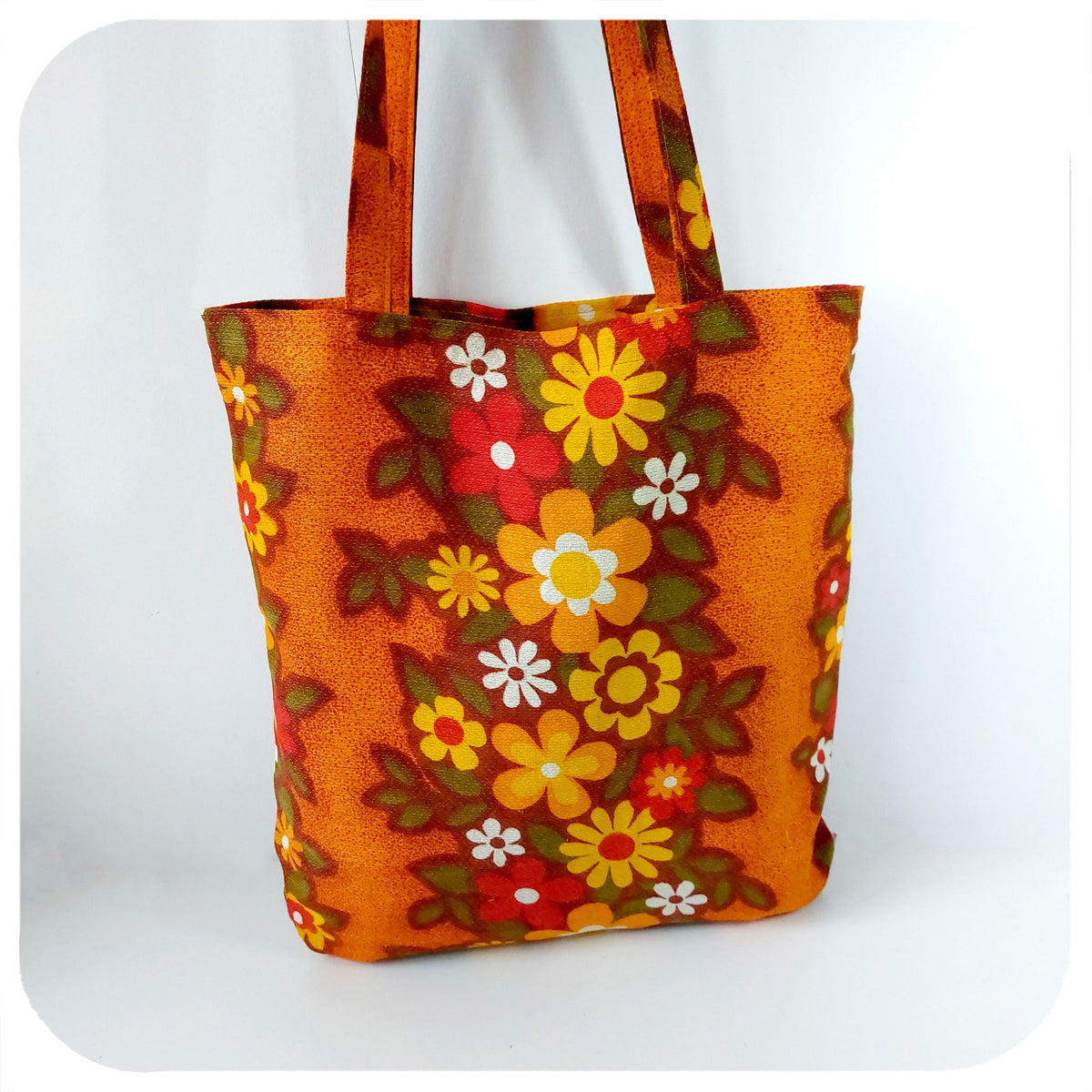 Vintage Fabric Tote Bag featuring vibrant florals in orange, yellow & red | The Inkabilly Emporium