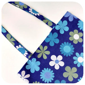 Close up shot of a vintage Fabric Tote Bag made from a 60s blue floral fabric | The Inkabilly Emporium