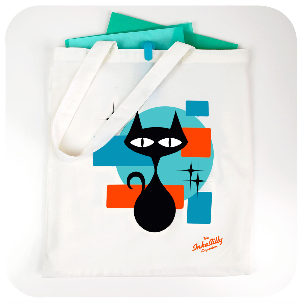 Atomic Cat Tote Bag lying flat on table with files and a pen | The Inkabilly Emporium