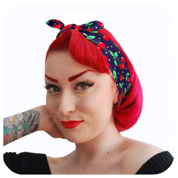 Rockabilly Cherries on Navy Bandana